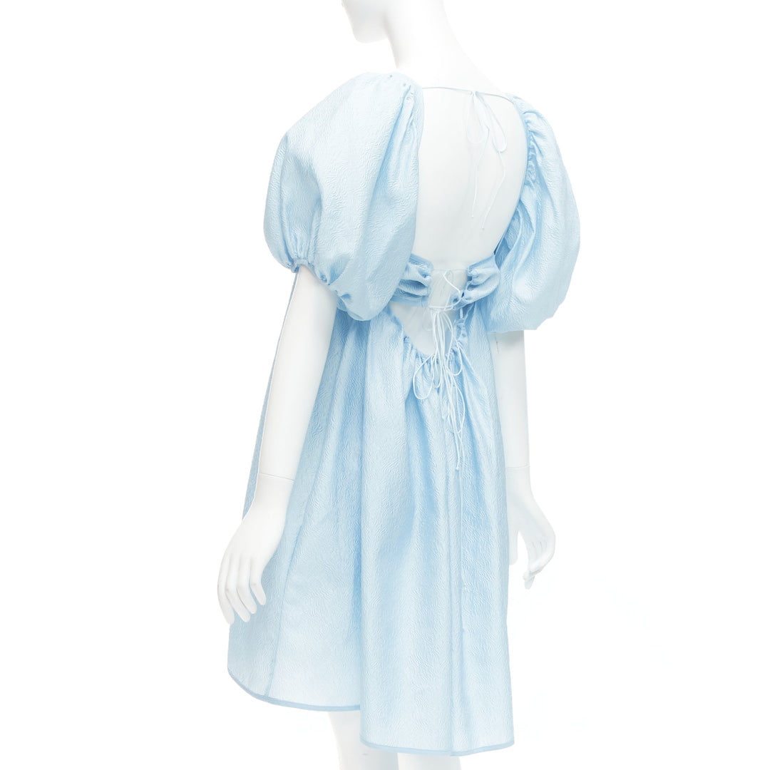 CECILIE BAHNSEN blue silk blend rose silk jacquard puff babydoll dress UK6 XS