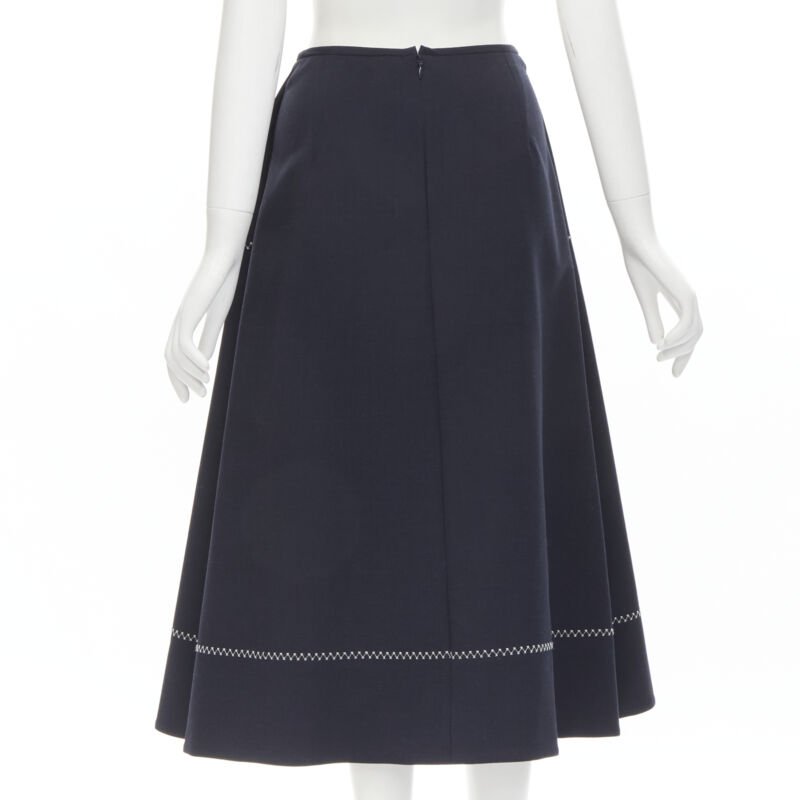 ELLERY navy polyester wool white cross hatch stitching flared skirt US2 XS