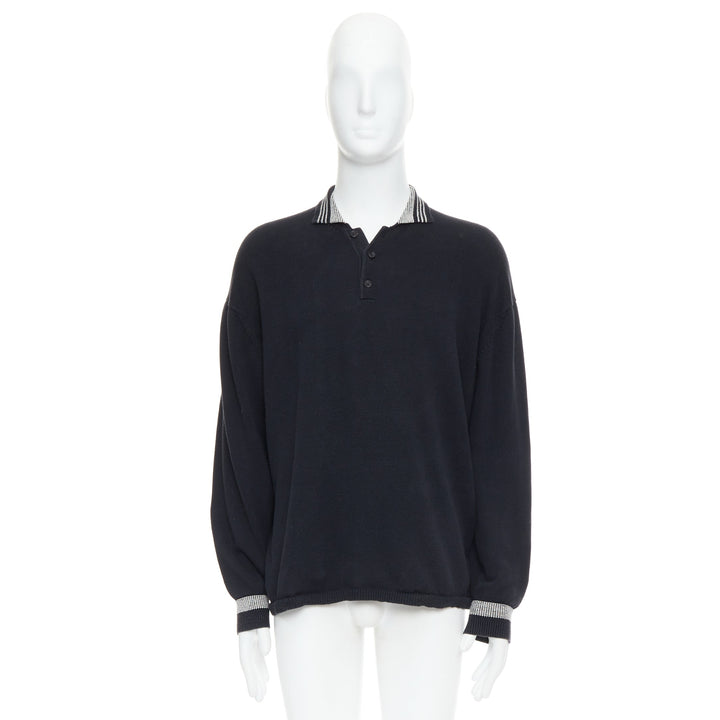 YOHJI YAMAMOTO black white cotton ribbed trim long sleeve polo shirt M