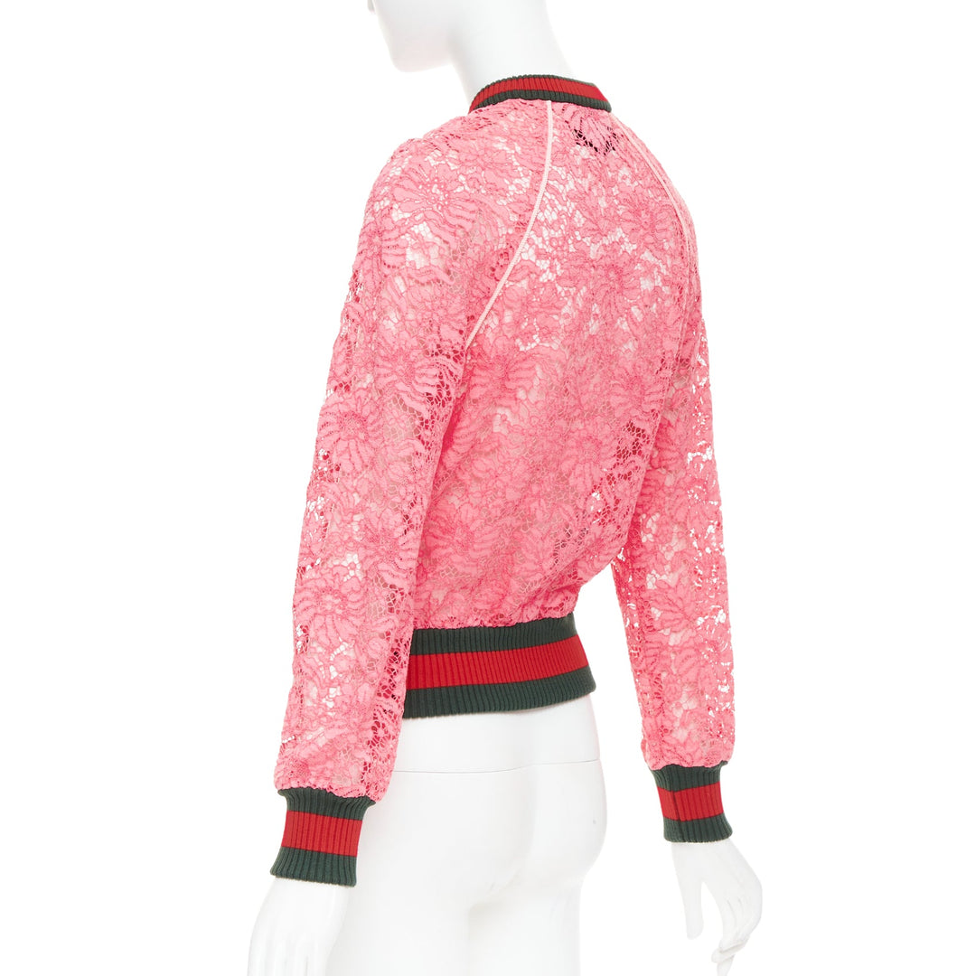 GUCCI 2015 Michele pink floral lace vintage web bomber jacket IT40 S