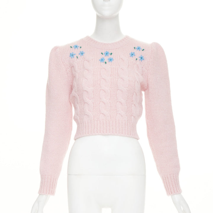 ALESSANDRA RICH pink alpaca blue floral embroidered cable knit sweater IT38 XS