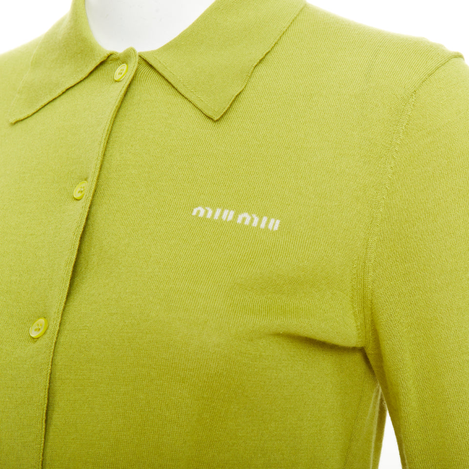 MIU MIU 2024 pistacchio green logo cashmere silk polo collar cardigan IT40 S