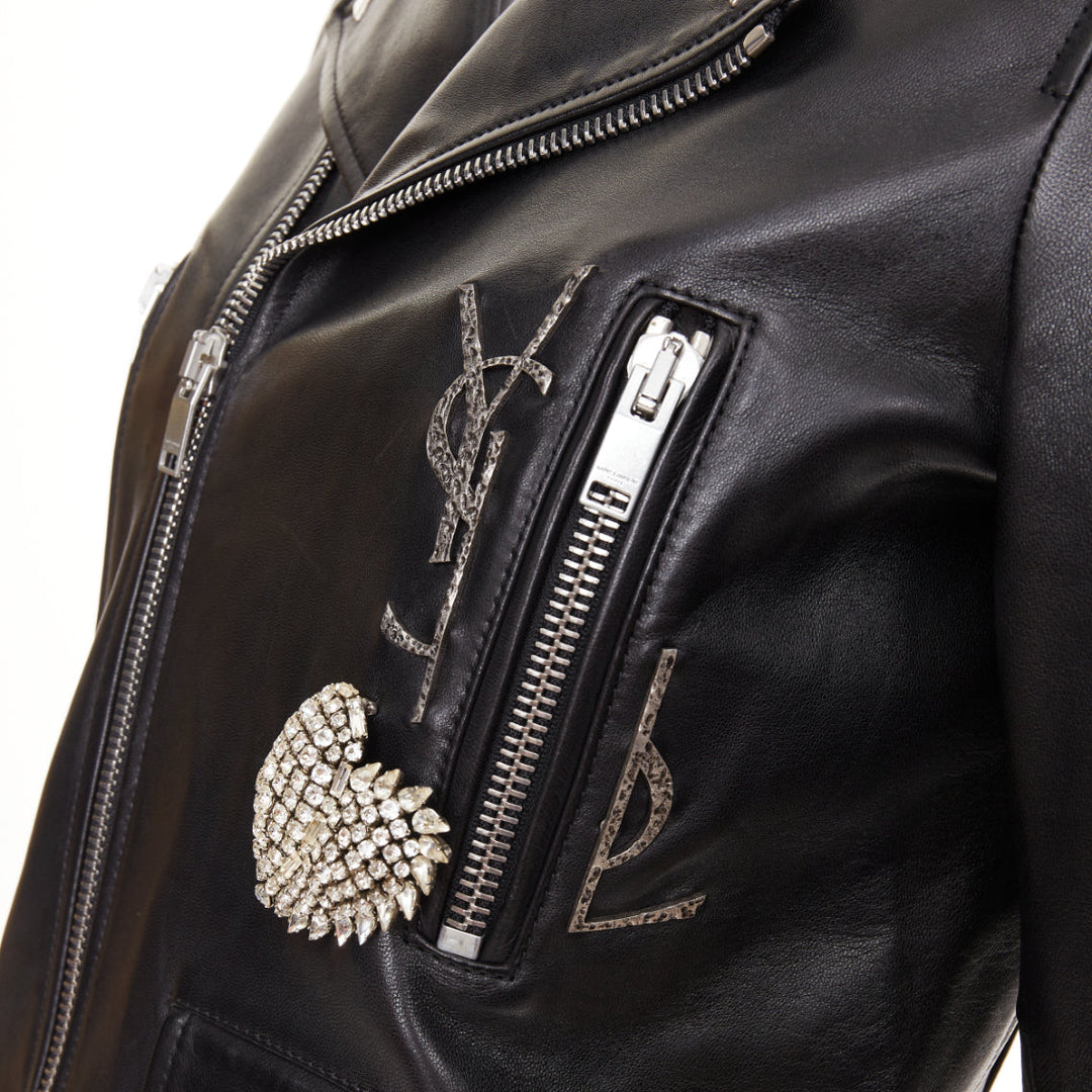 SAINT LAURENT 2017 Pearl Heart embellished black lambskin biker jacket S