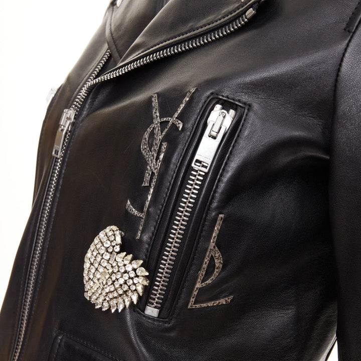 SAINT LAURENT 2017 Pearl Heart embellished black lambskin biker jacket S