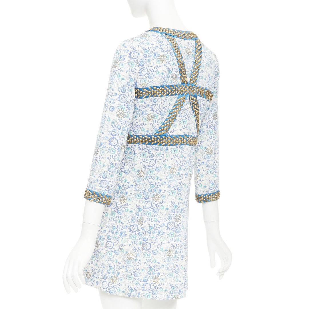 CHLOE Vintage blue cream gold studded floral harness detail open neck mini dress
