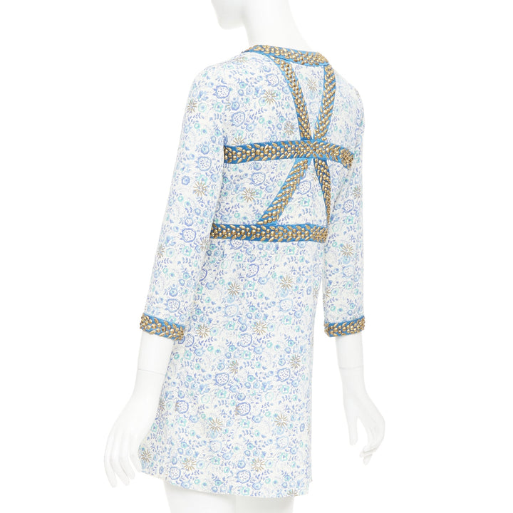 CHLOE Vintage blue cream gold studded floral harness detail open neck mini dress