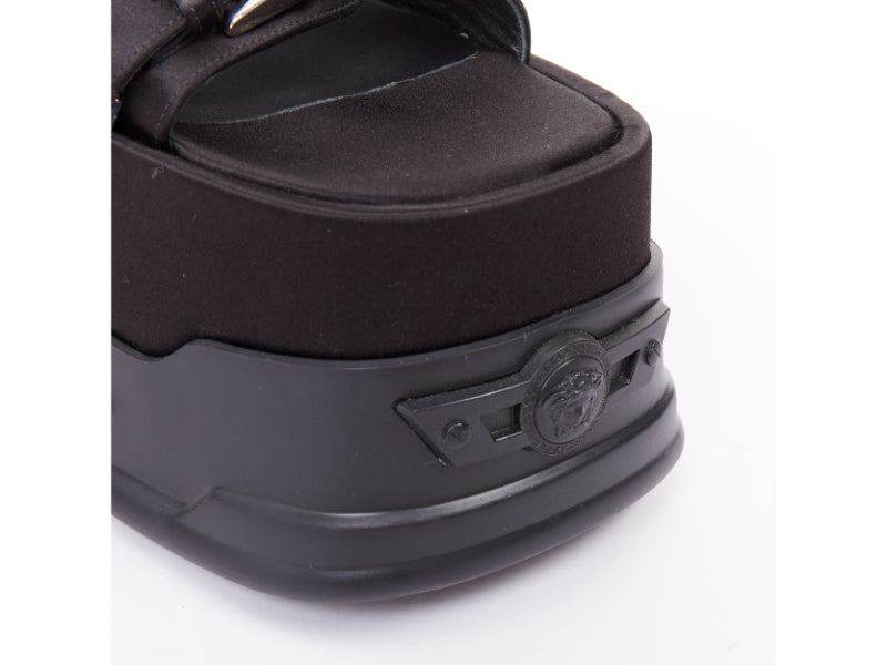 new VERSACE Anthem 120 Black satin silver Medusa buckle platform sandals EU38