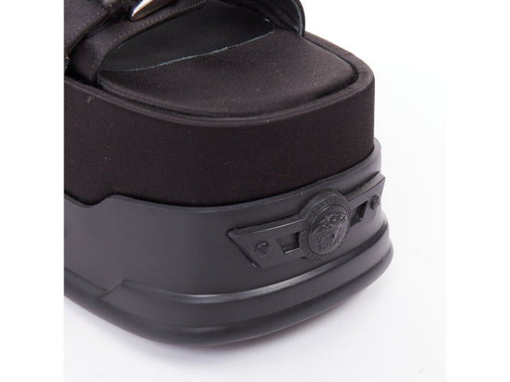 new VERSACE Anthem 120 Black satin silver Medusa buckle platform sandals EU38