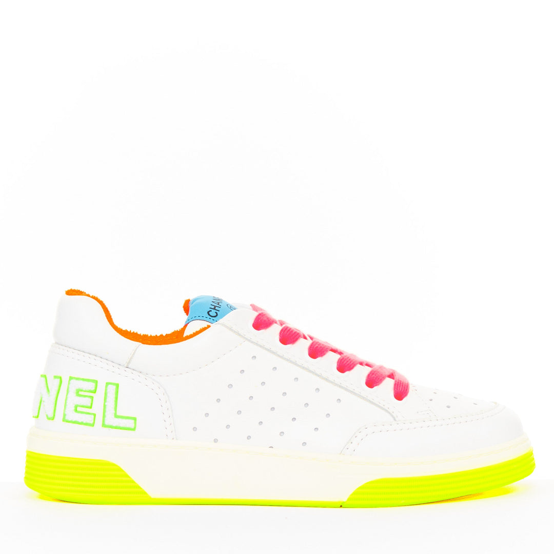 CHANEL 2020 white calfskin neon multicolor low top trainer court sneakers EU38.5
