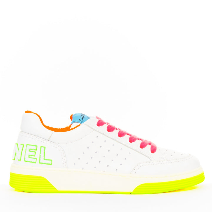 CHANEL 2020 white calfskin neon multicolor low top trainer court sneakers EU38.5
