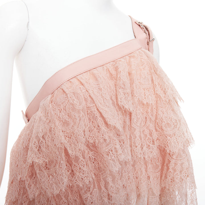 ALEXANDER MCQUEEN 2007 Runway pink lace leather cascade drape ruffle top IT38 XS