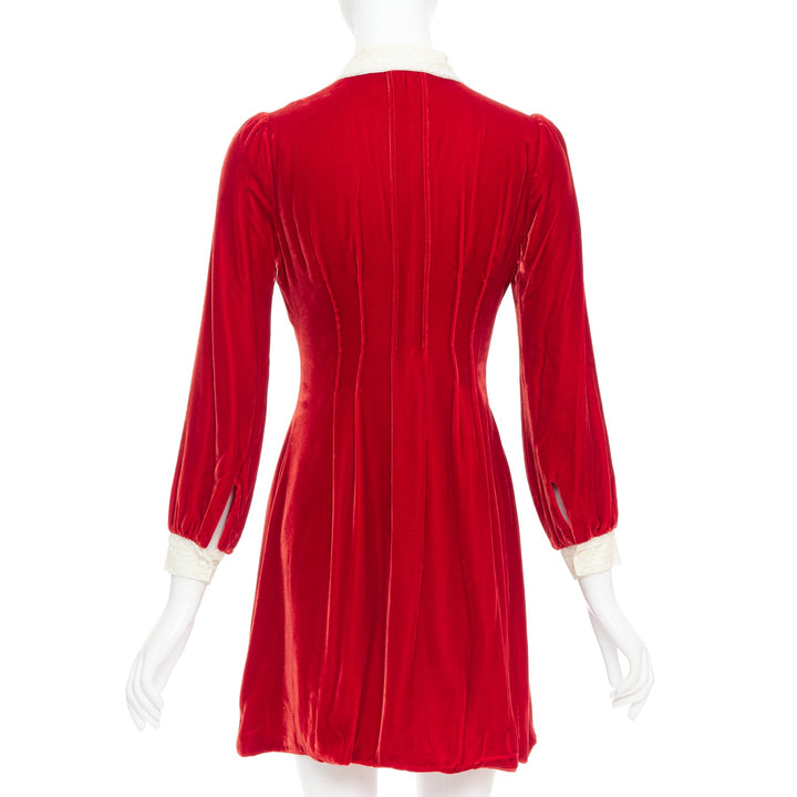 DIOR 2017 Runway red crushed velvet cream lace trim pleated dress FR34 XS