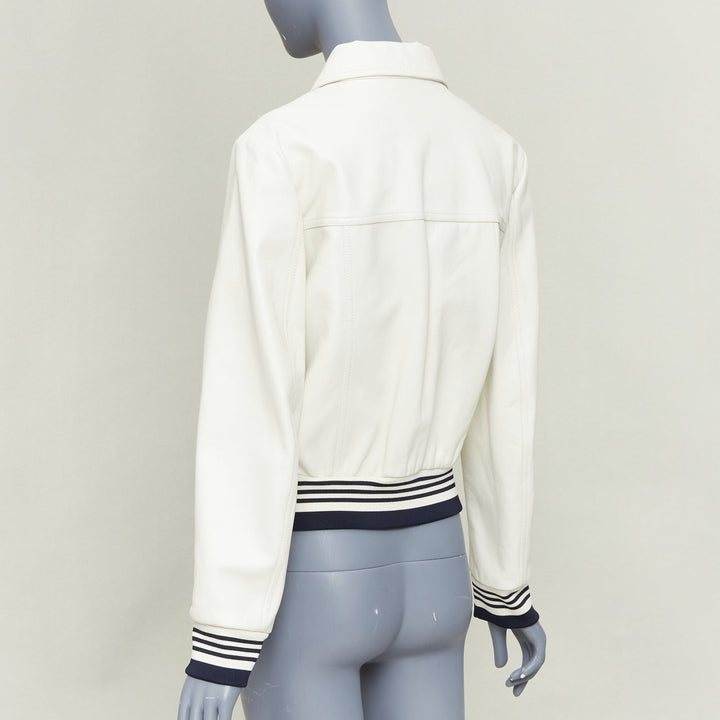 CELINE  cream textured lamb leather black striped ribbed cropped jacket FR38 M