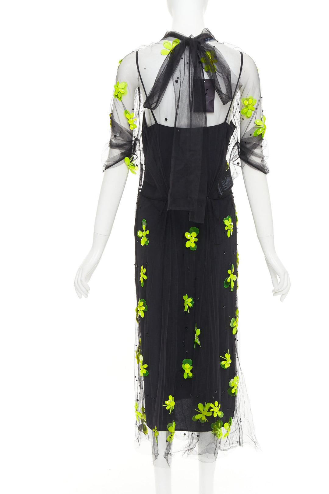 PRADA 2018 Runway neon yellow floral bead black gathered tulle dress IT40 S