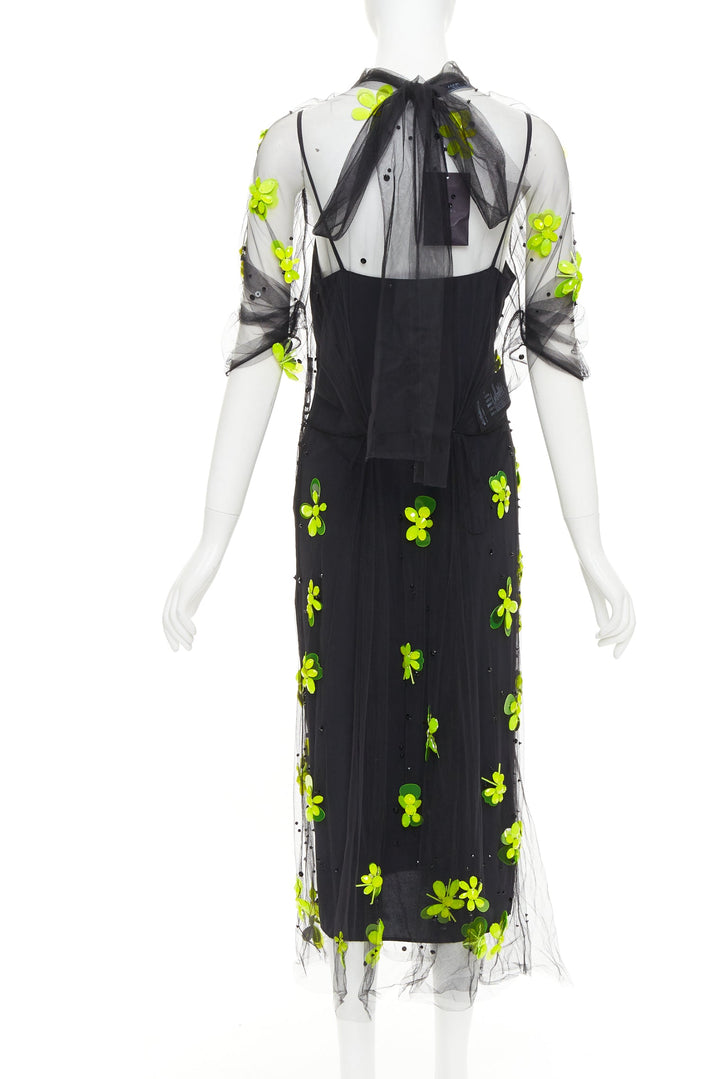 PRADA 2018 Runway neon yellow floral bead black gathered tulle dress IT40 S