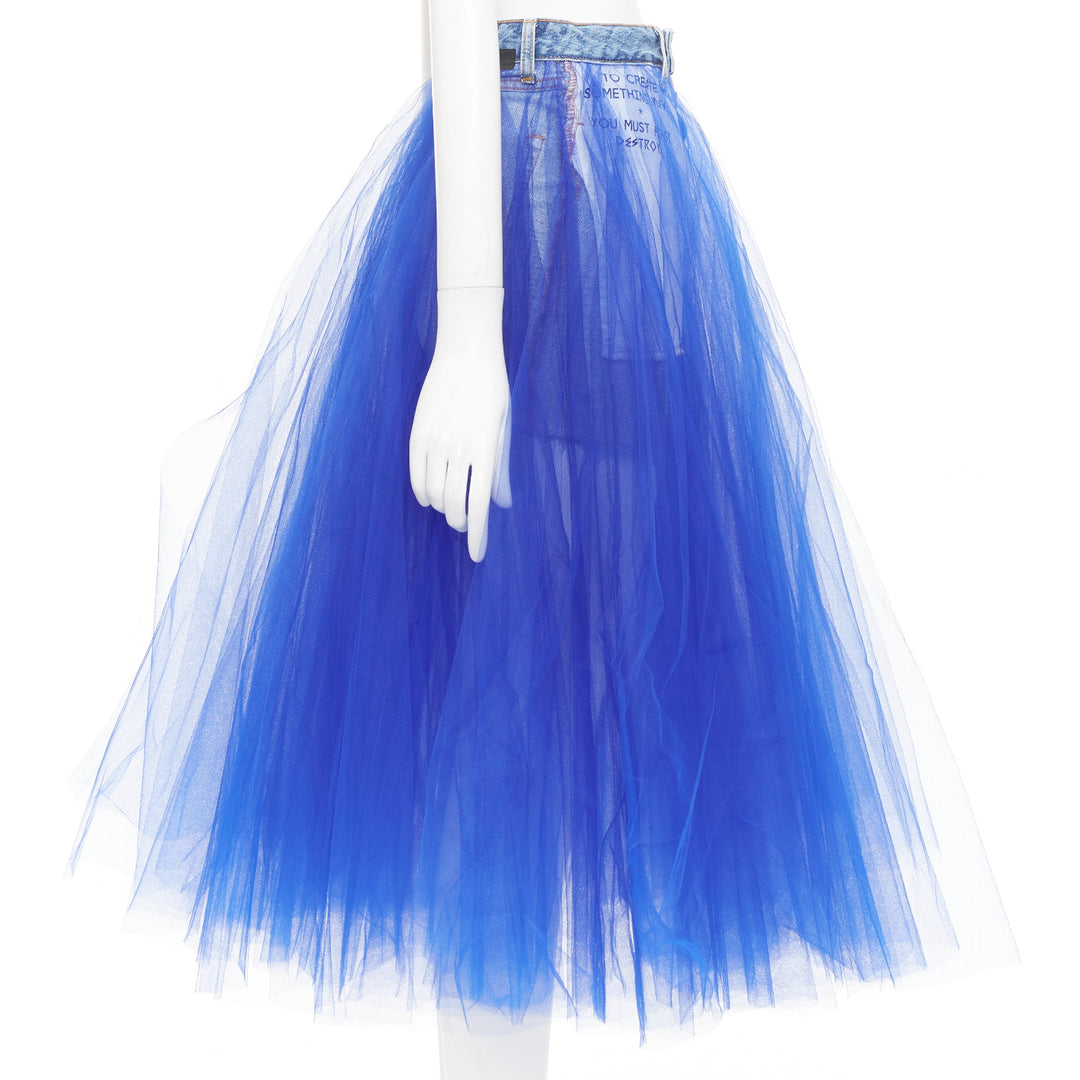 UNRAVEL PROJECT Ben Taverniti denim tulle inside out layered midi tutu skirt 24"