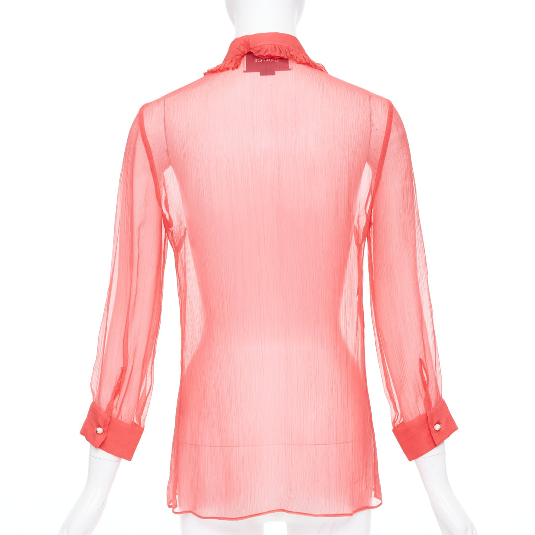 GUCCI coral red sheer chiffon GG pearl black pussybow ruffle blouse IT42 M