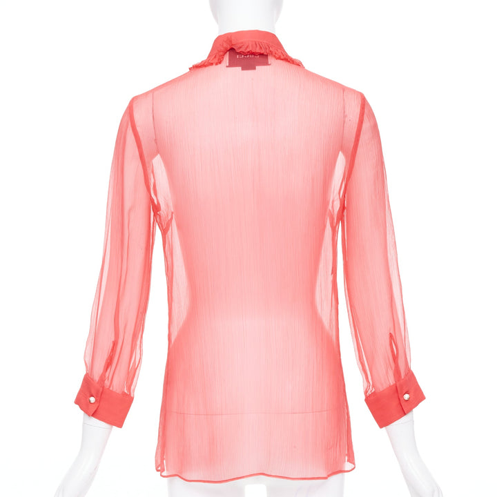 GUCCI coral red sheer chiffon GG pearl black pussybow ruffle blouse IT42 M