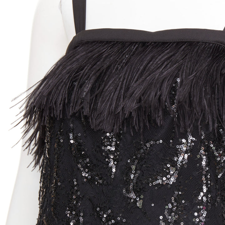 rare PRADA 2014 black sequinned lace ostrich feather strappy mini dress IT38 XS