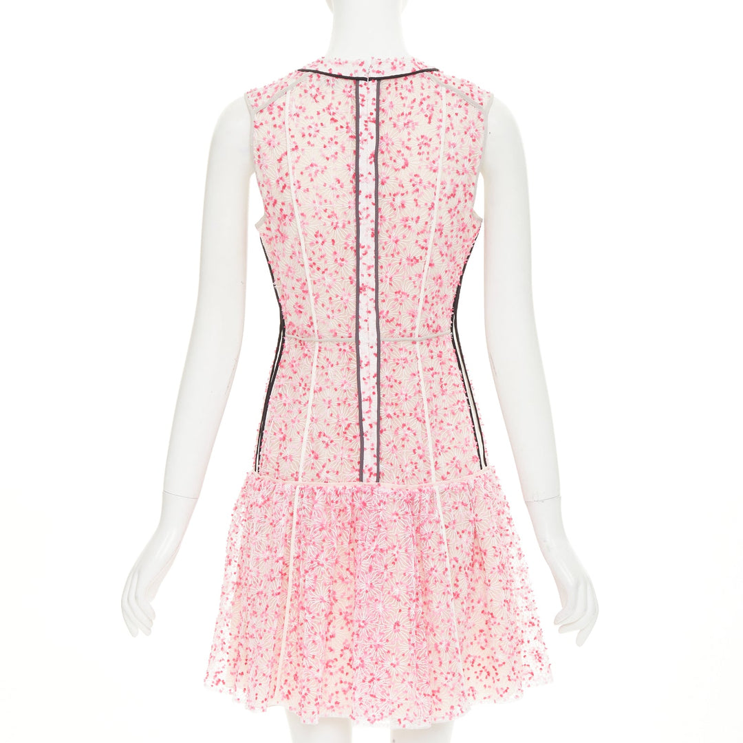 FENDI Flocked Blossom pink sheer black trim drop waist mini dress IT42 M