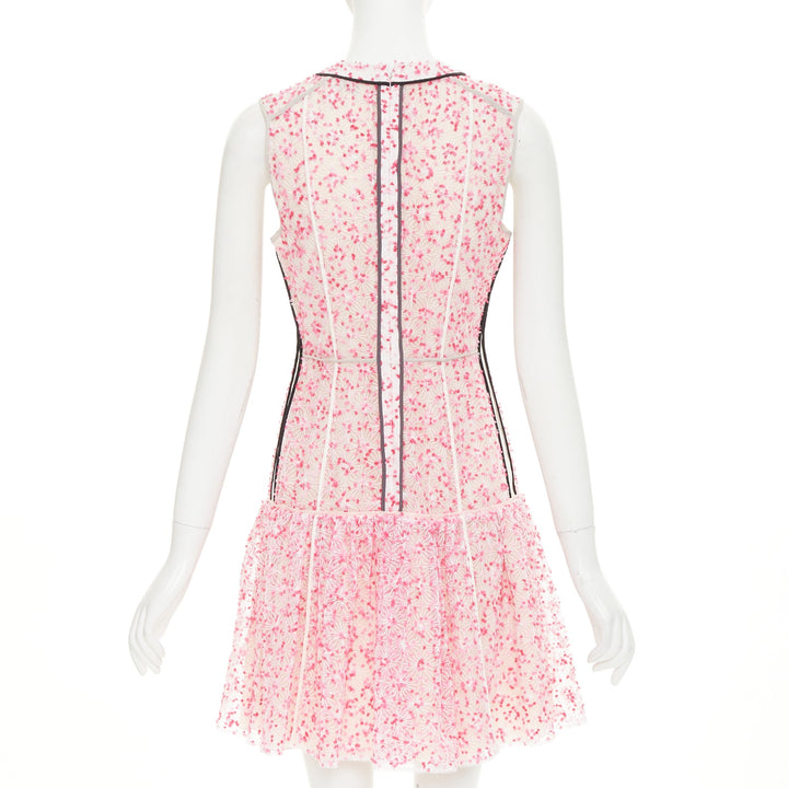 FENDI Flocked Blossom pink sheer black trim drop waist mini dress IT42 M