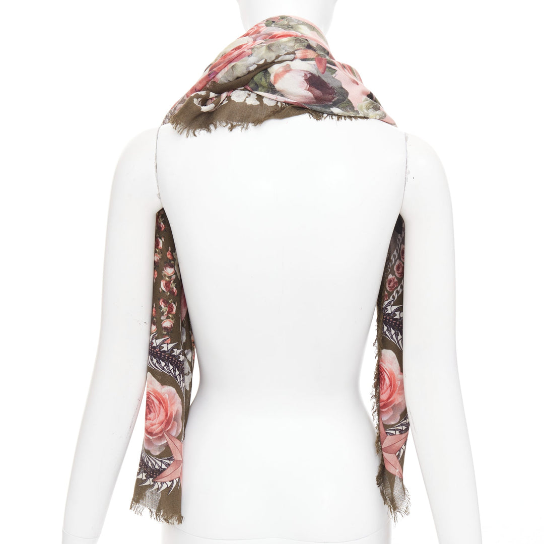 GIVENCHY Riccardo Tisci pink olive green wool silk rose print fringed trim scarf