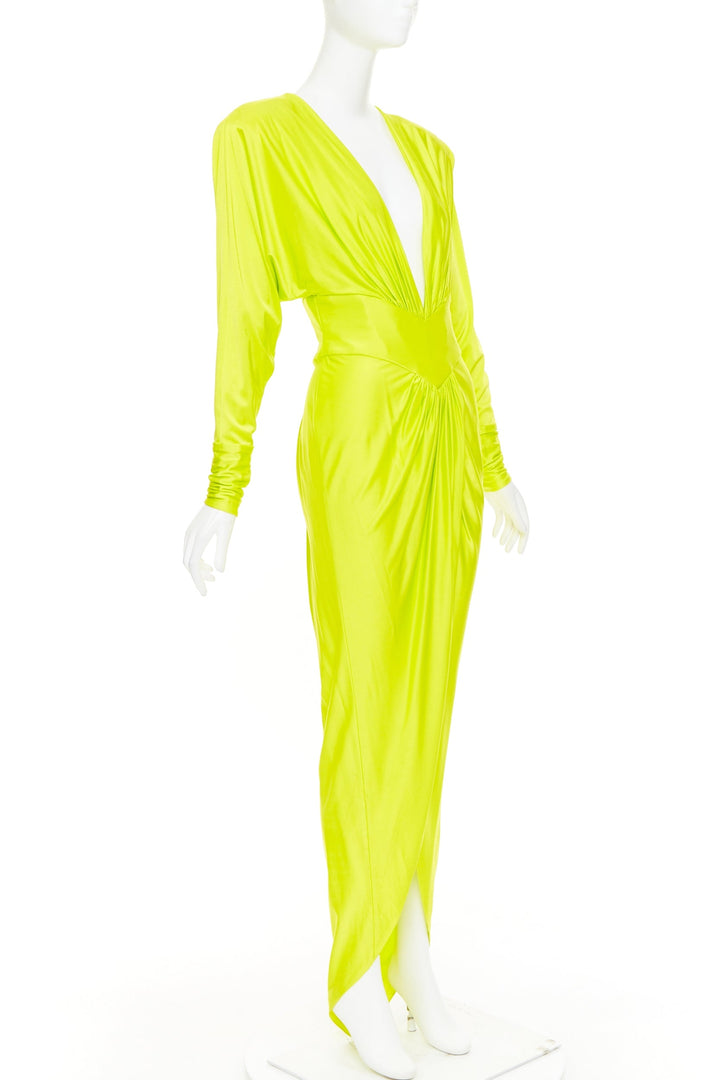 ALEXANDRE VAUTHIER neon yellow viscose Power shoulder plunge drape dress