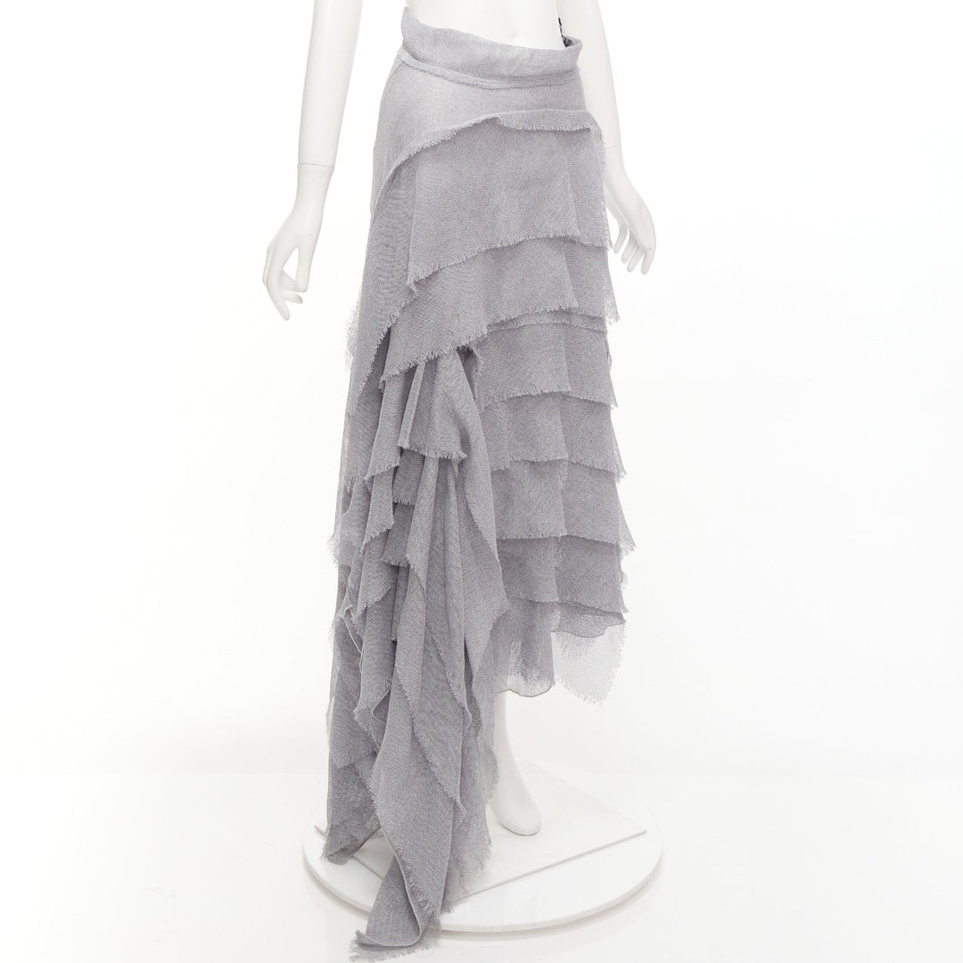 MATICEVSKI 2018 Winning grey drape raw ruffle asymmetric tiered skirt AUS10 M