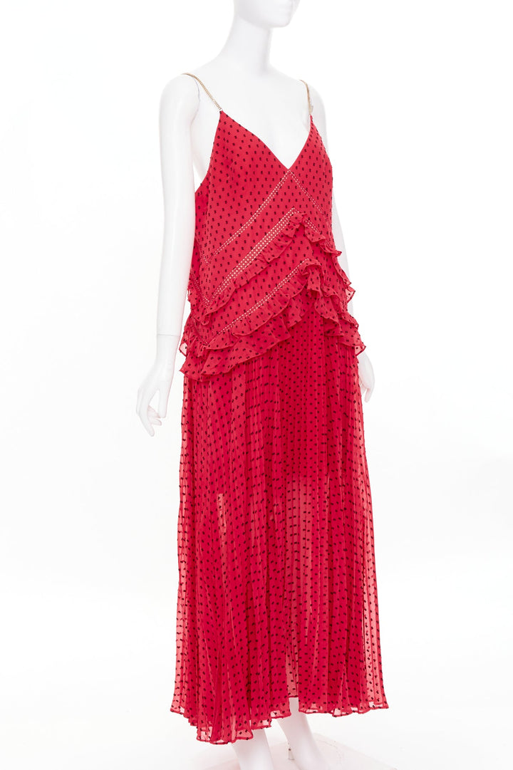 SELF PORTRAIT fuchsia red plumetis polka dot pleated tiered ruffle dress UK14