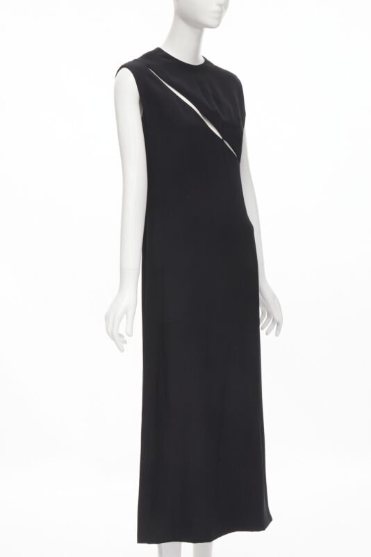 MADAME GRES Haute Couture Paris 1972 black crepe slash slit cut out dress M