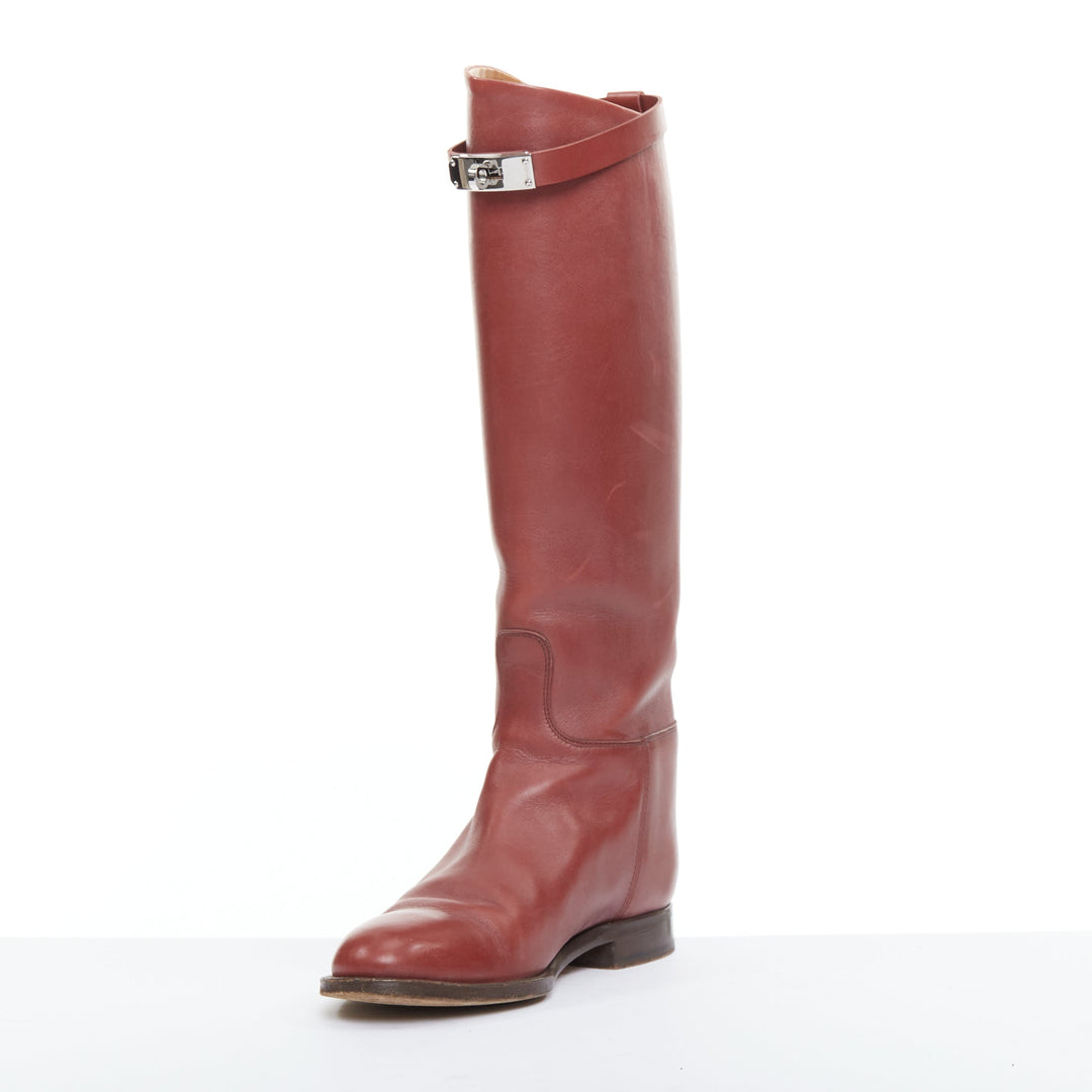 HERMES Jumping Kelly burgundy calfskin silvertone turnlock riding boots EU37