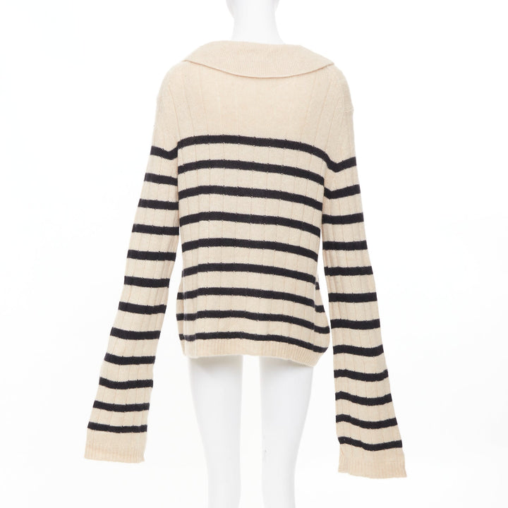 KHAITE 2022 Mateo Butter Black Stripe ribbed cashmere wide collar sweater S