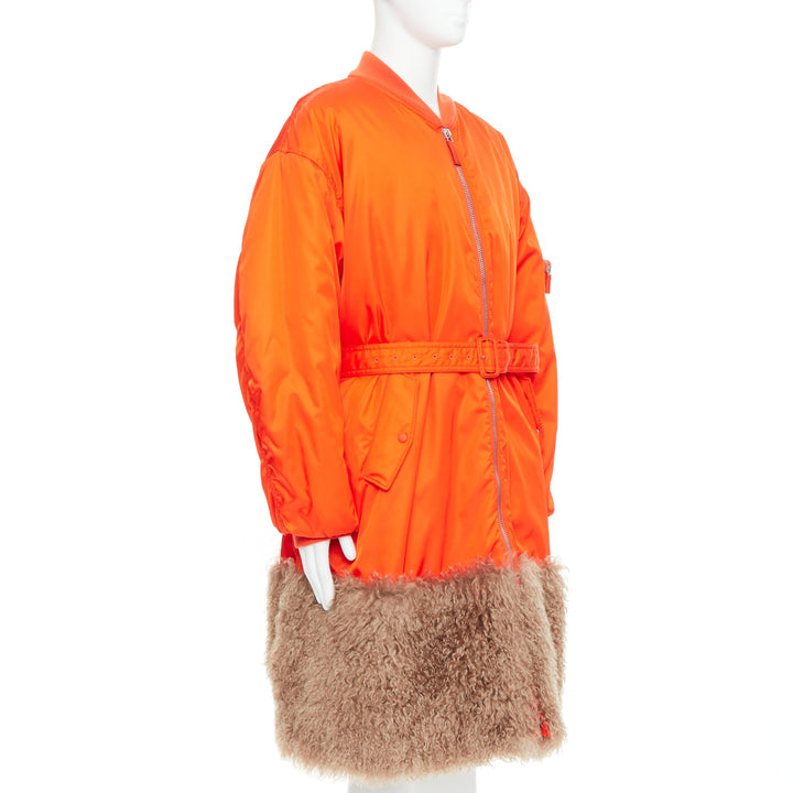 PRADA 2022 Raf Simons Runway orange faux fur hem belted bomber coat M