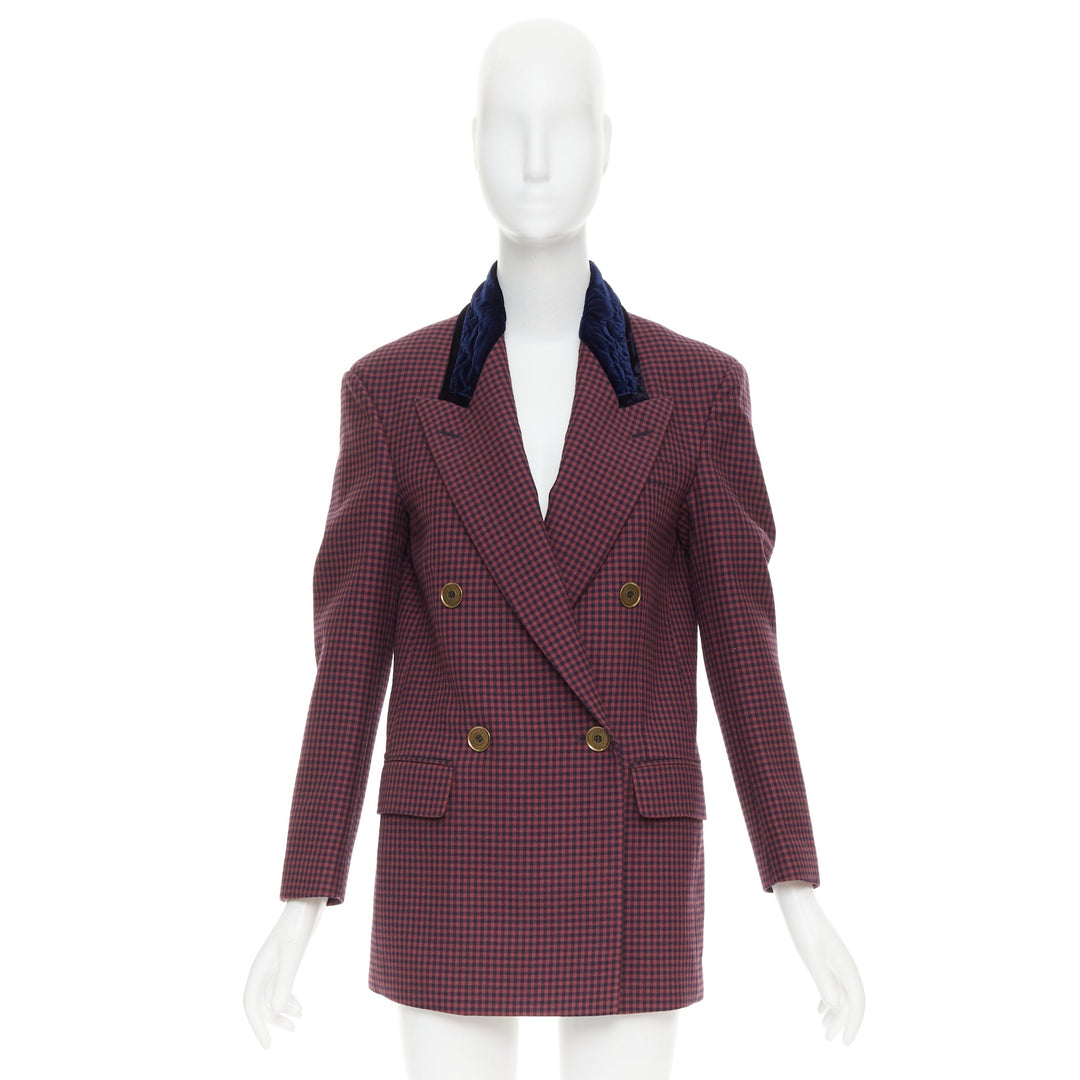 FENDI burgundy wool checkered purple velvet collar double breast blazer IT34 XS