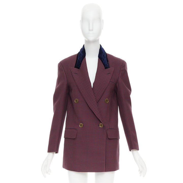 FENDI burgundy wool checkered purple velvet collar double breast blazer IT34 XS