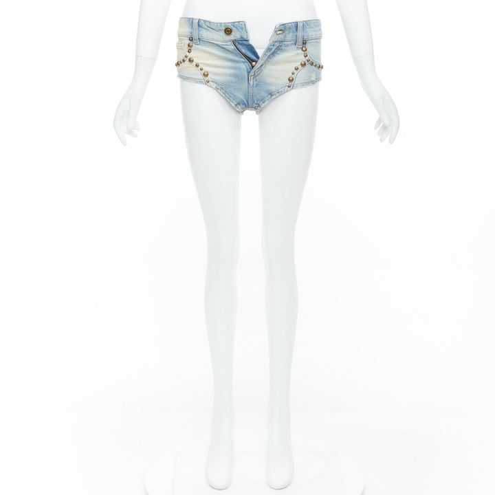 BLUMARINE 2024 blue washed bronze studded high cut micro shorts IT38 XS