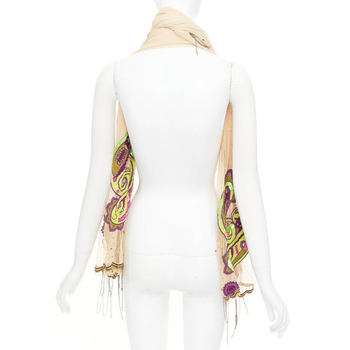 ETRO nude mesh green purple embroidered embellished beaded chain scarf