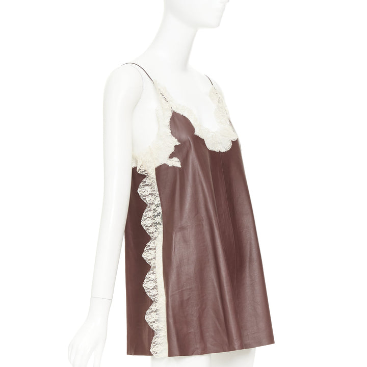 DIOR 2016 Raf Simons brown lambskin leather lace trim micro slip dress FR36 S