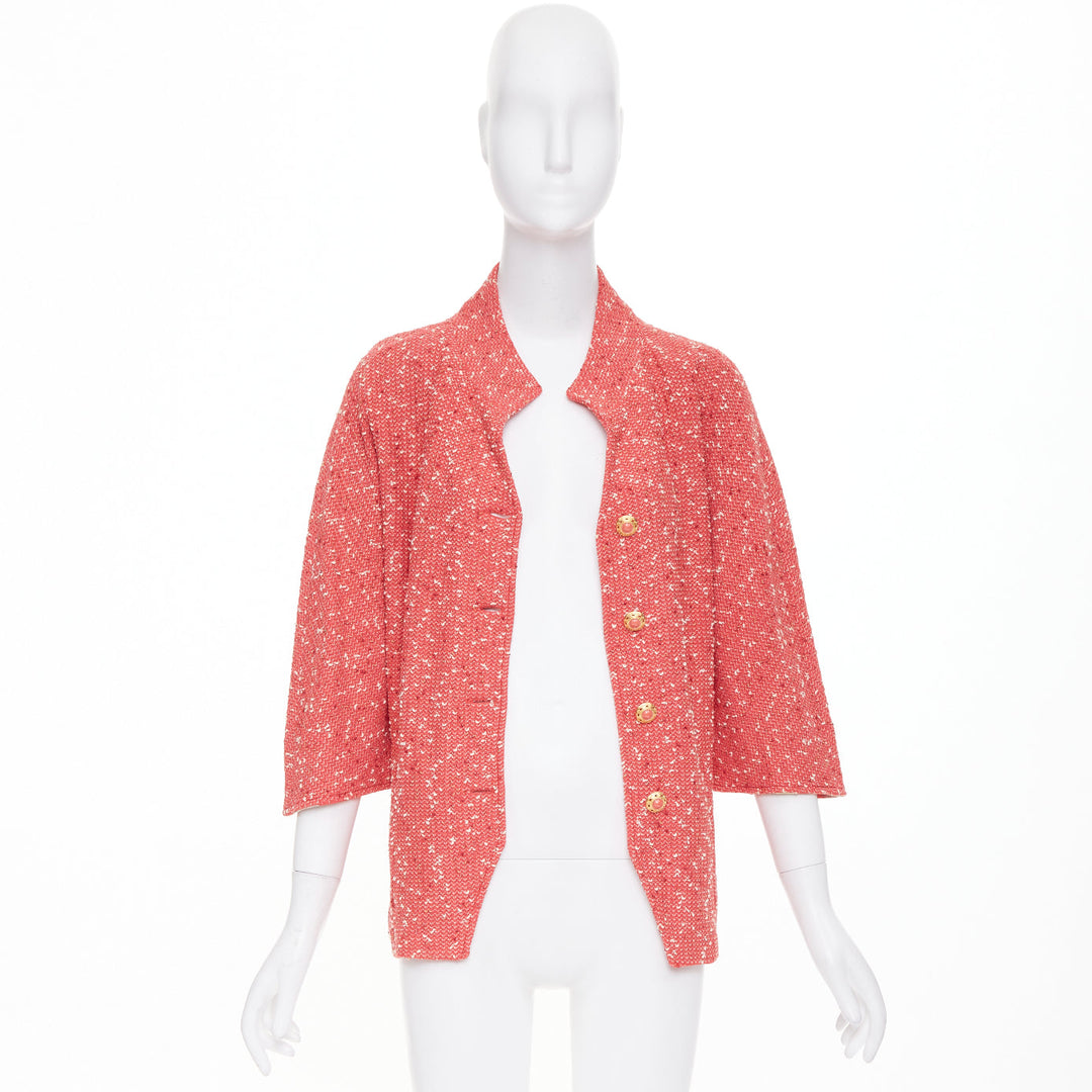 ST JOHN COUTURE light red textured boucle tweed gold button jacket US14 3XL