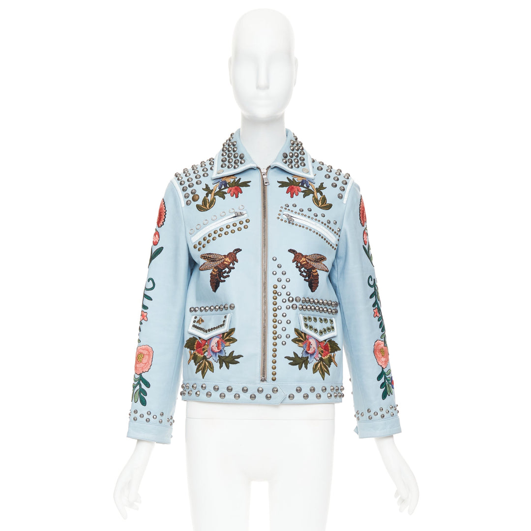GUCCI Michele 2016 Runway blue bee floral embroidery studded jacket IT38 XS