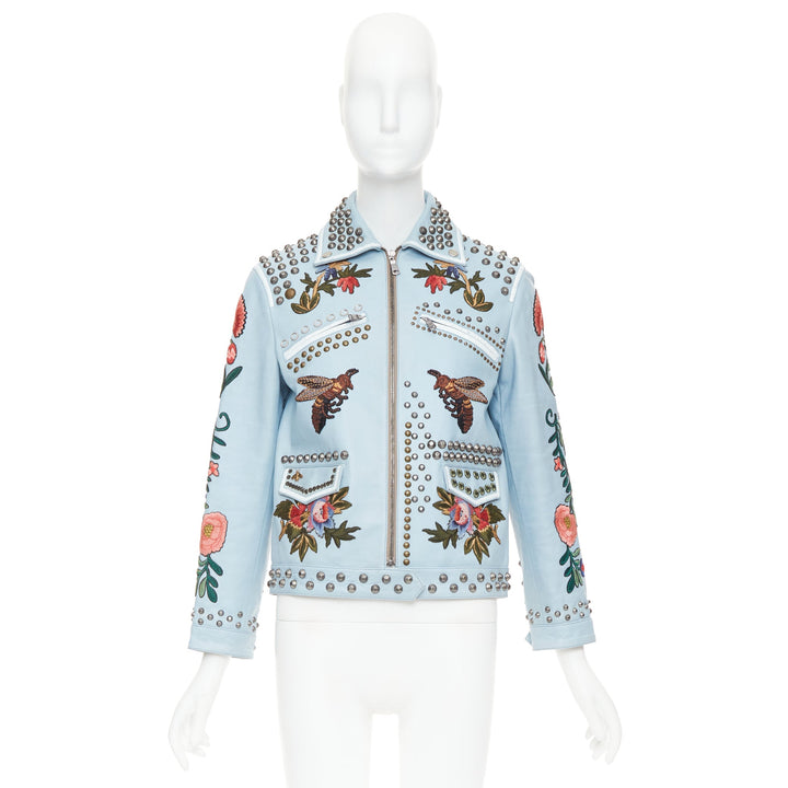 GUCCI Michele 2016 Runway blue bee floral embroidery studded jacket IT38 XS