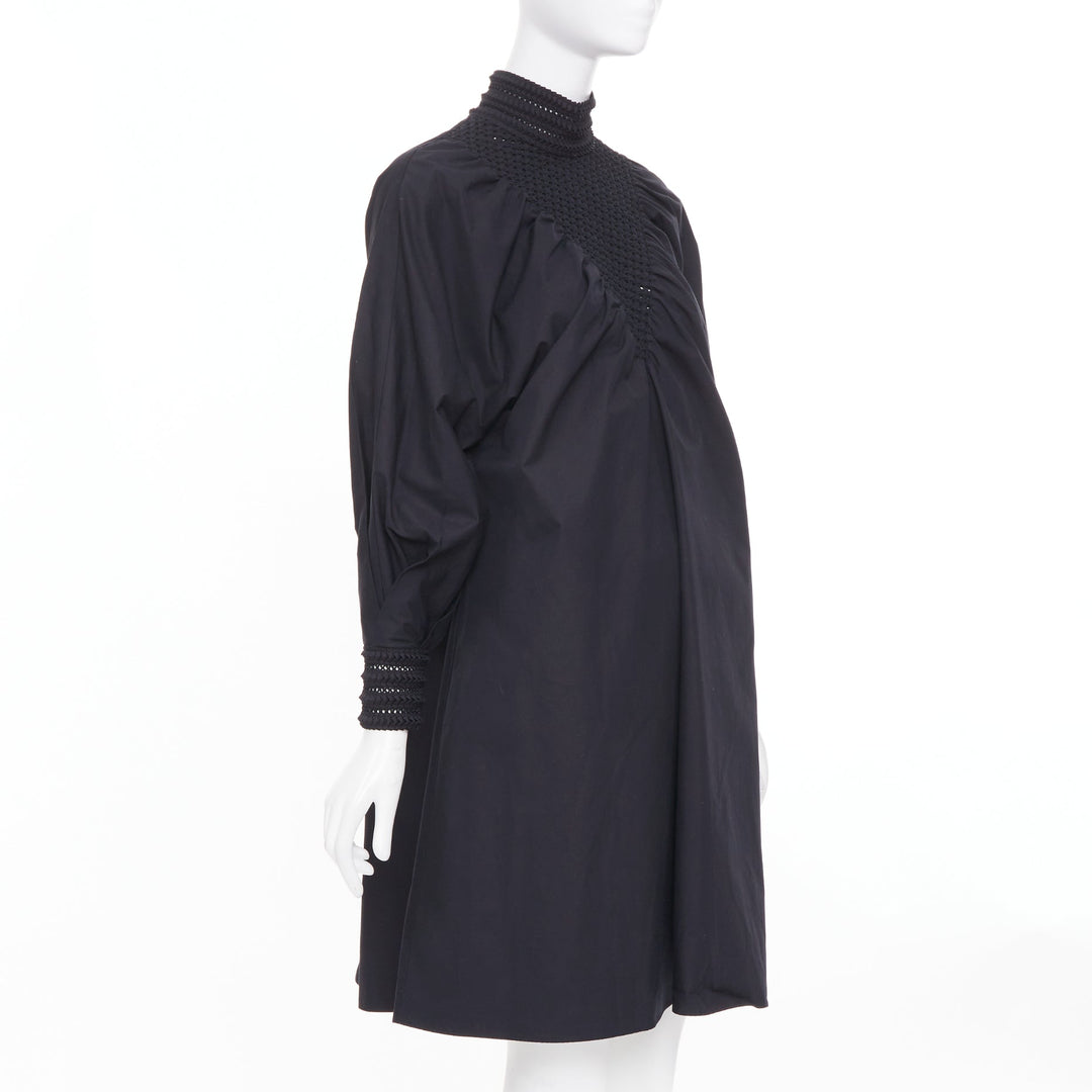 FENDI 2019 Tribute black smocked embroidered eyelet balloon sleeve dress IT38 S
