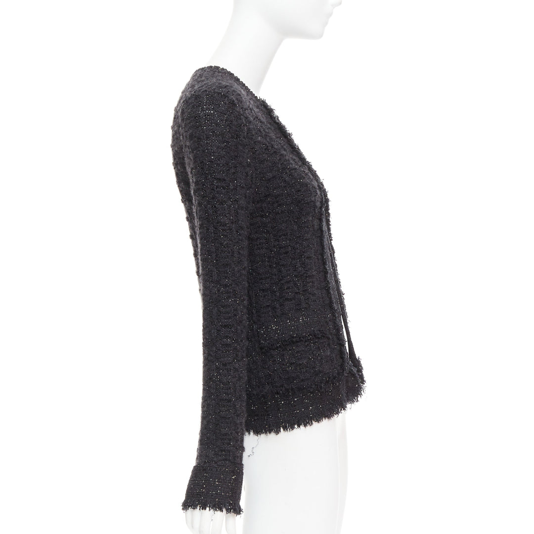 CHANEL 05A black metallic tweed silver CC logo cardigan jacket FR38 M