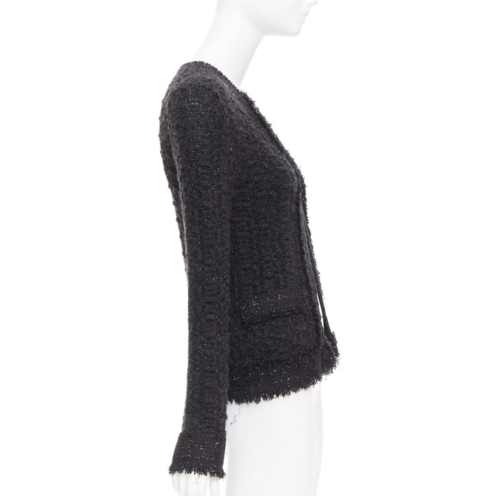 CHANEL 05A black metallic tweed silver CC logo cardigan jacket FR38 M