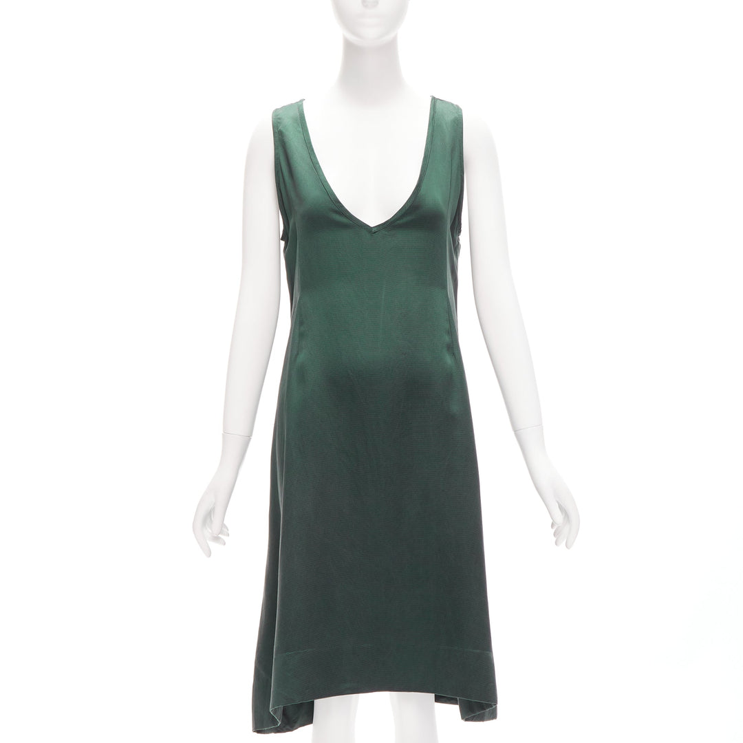 DRIES VAN NOTEN 100% silk dark green plunge neck sleeveless trapeze dress S