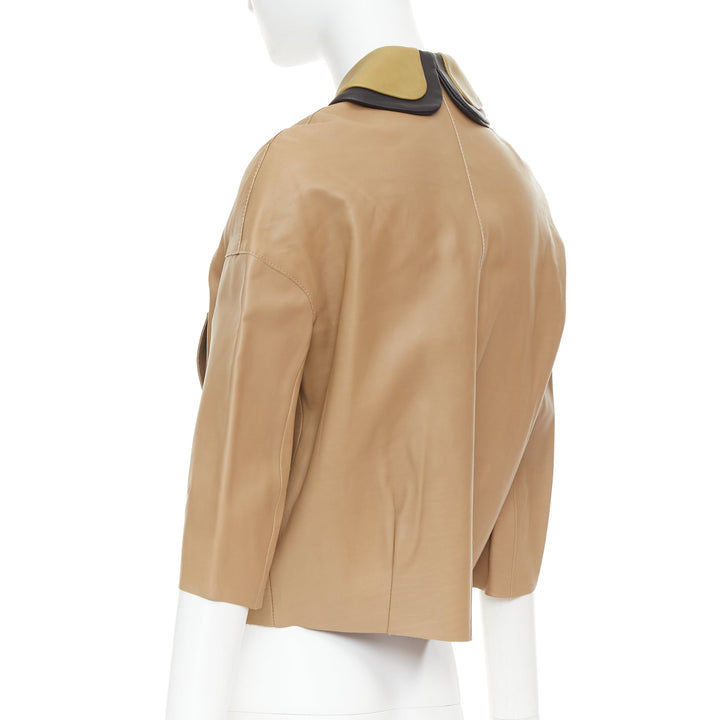 MARNI brown leather green black dup collar cropped double breast jacket IT36 XXS