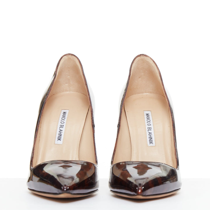 MANOLO BLAHNIK brown tortoise shell print patent stiletto pumps EU37.5
