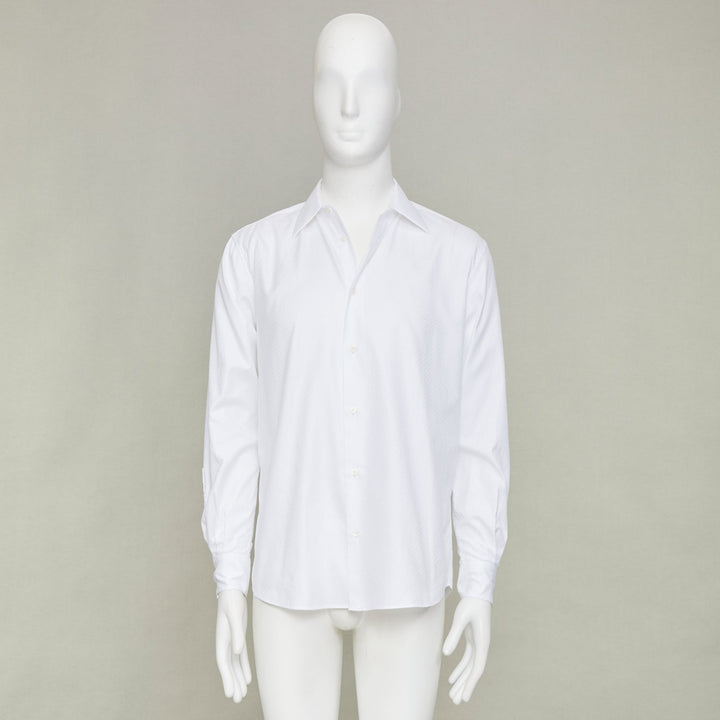 HERMES white dress tonal geometric jacquard cotton luxury button down top EU38 S