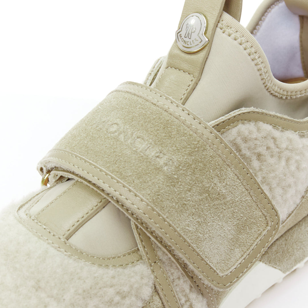 MONCLER stone suede shearling panels logo magic tape sneakers EU38