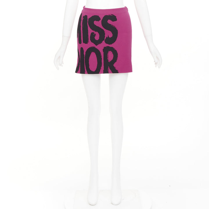 DIOR 2024 Miss Dior fuchsia pink black graffiti paint logo  mini skirt FR34 XS